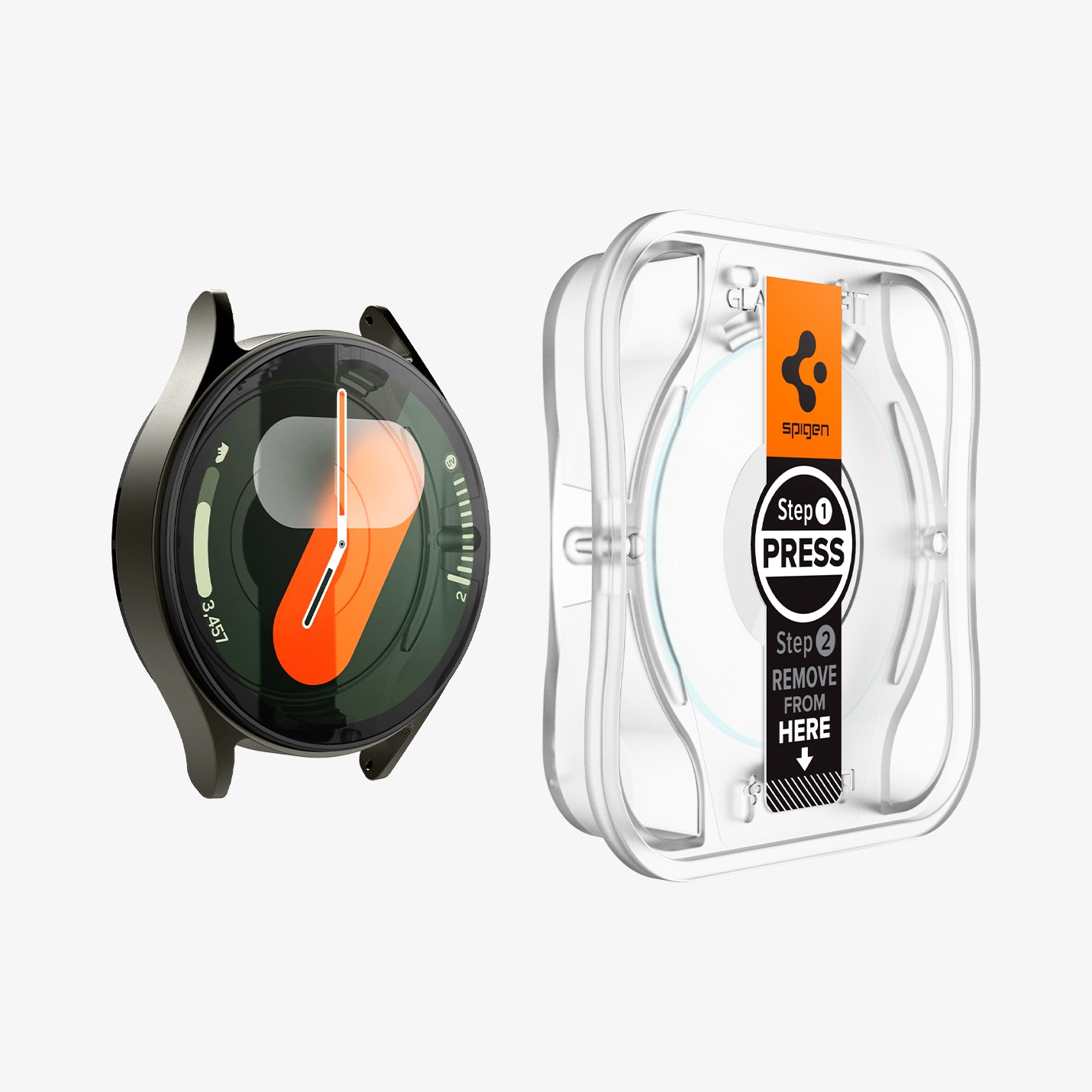 AGL08351 - Galaxy Watch 7 (40mm) GLAS.tR EZ Fit in Clear showing the installation tray hovering in front of watch face