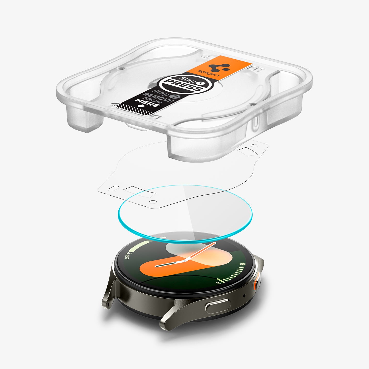 AGL08351 - Galaxy Watch 7 (40mm) GLAS.tR EZ Fit in Clear showing the ez fit tray hovering above the film, screen protector and the watch face