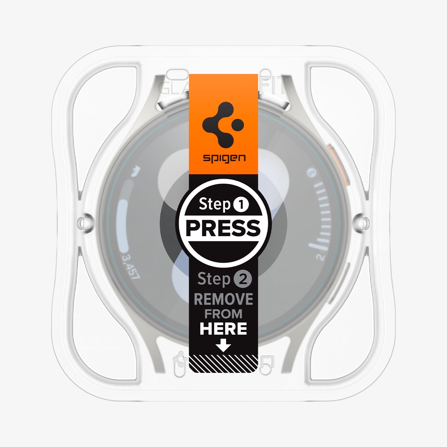 AGL08350 - Galaxy Watch 7 (44mm) GLAS.tR EZ Fit in Clear showing the front of the installation tray attached to the watch face