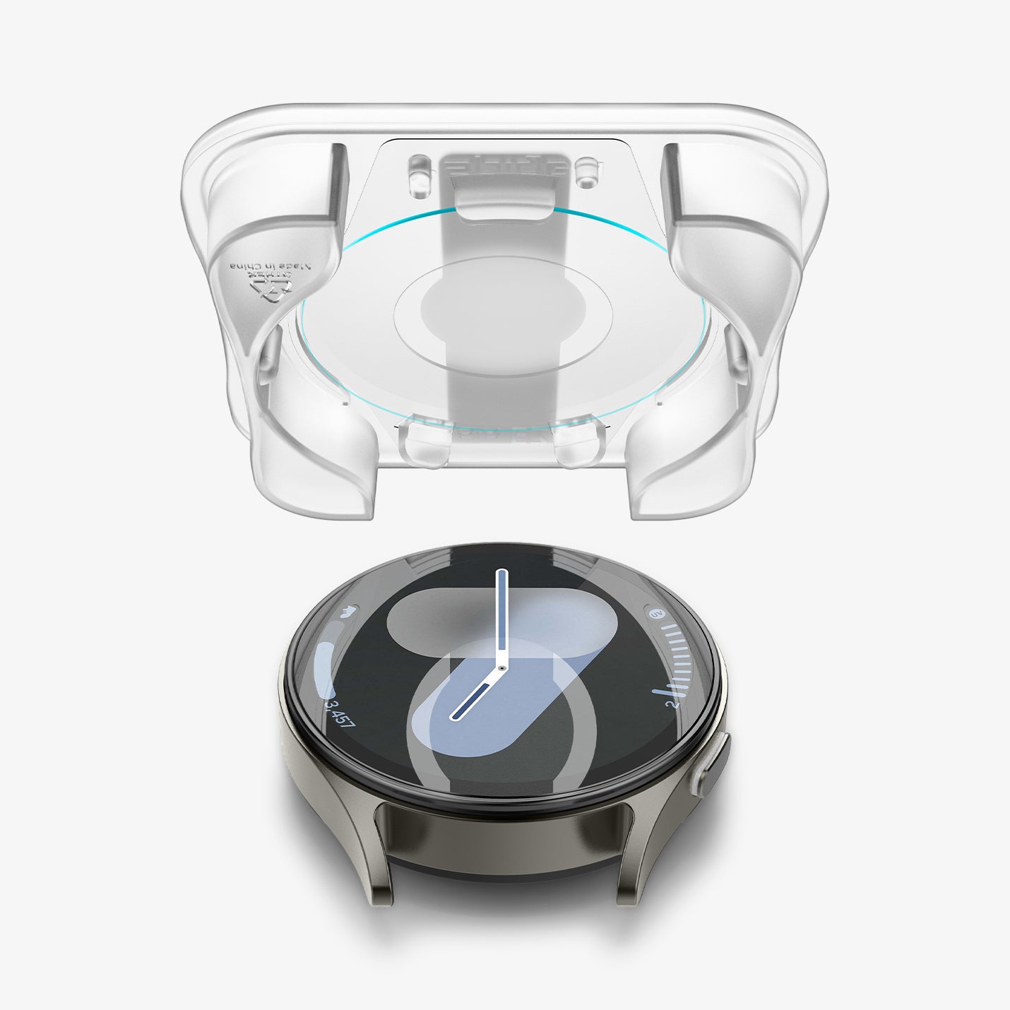 AGL08350 - Galaxy Watch 7 (44mm) GLAS.tR EZ Fit in Clear showing the screen protector hovering above the watch face
