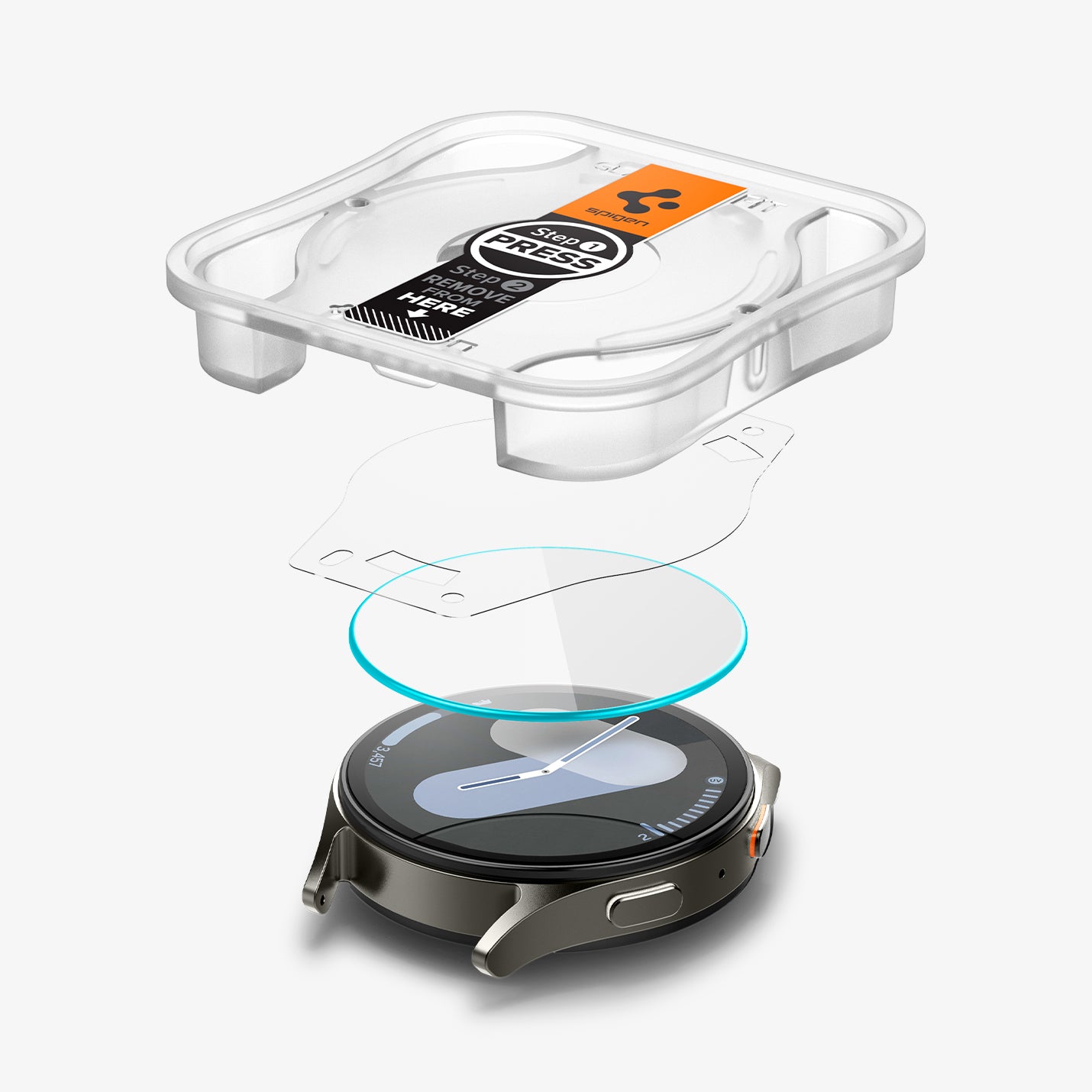 AGL08350 - Galaxy Watch 7 (44mm) GLAS.tR EZ Fit in Clear showing the ez fit tray hovering above the film, screen protector and the watch face