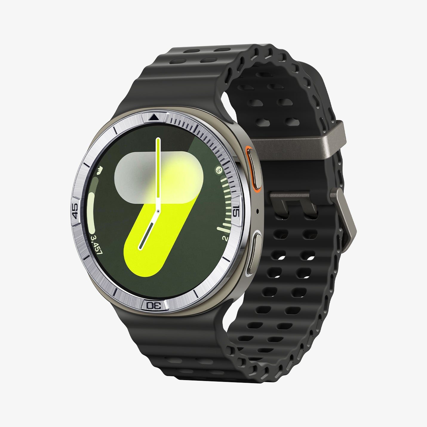 ACS10009 - Galaxy Watch 8 44mm Bezel Tune in sliver showing the front and partial side