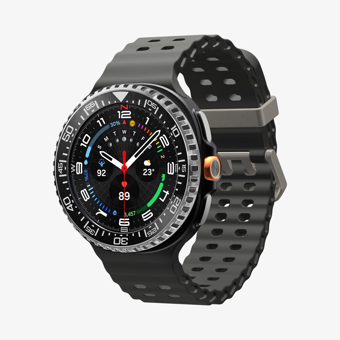 ACS10014 - Galaxy Watch 8 46mm Bezel Tune in black showing the front and partial side