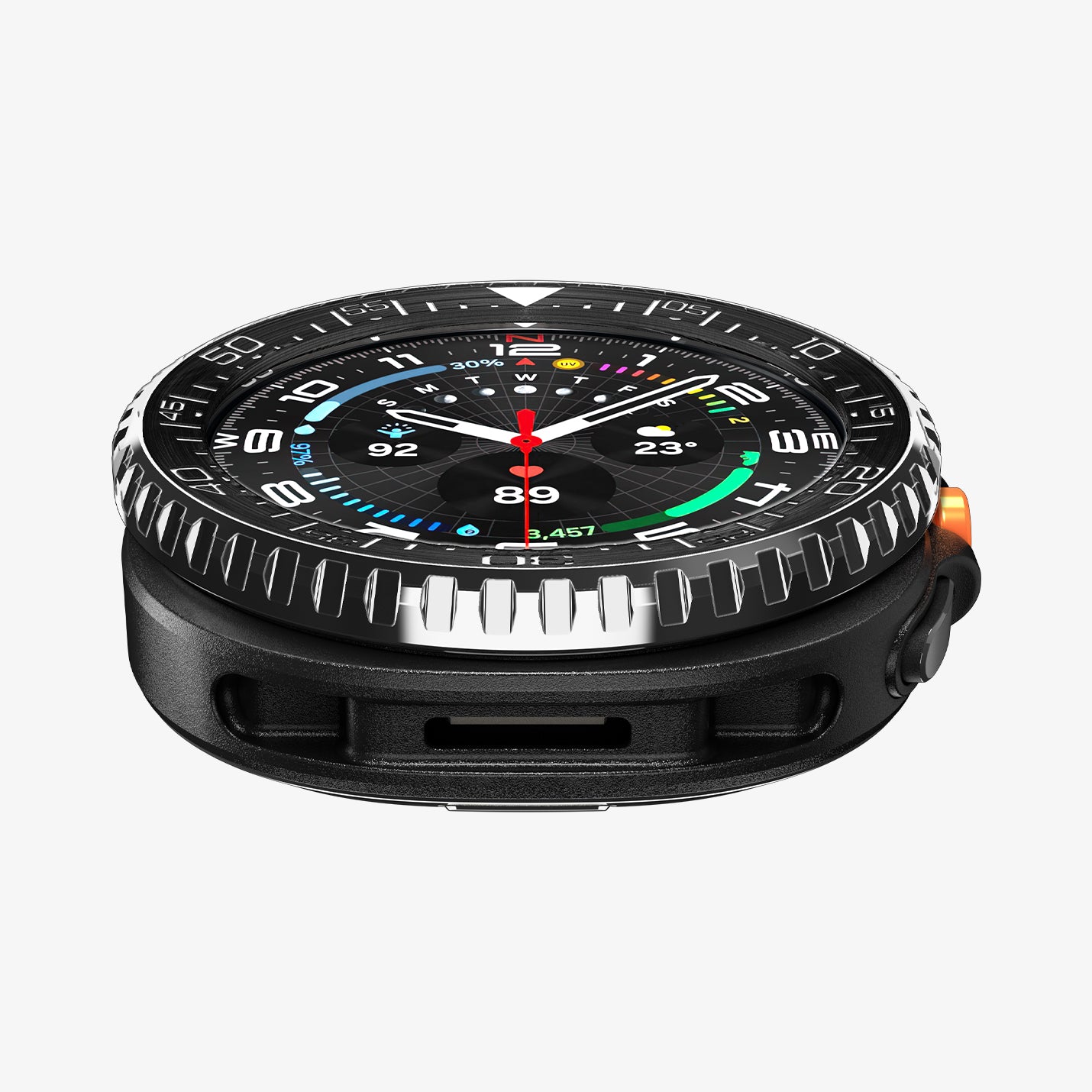 ACS10014 - Galaxy Watch 8 46mm Bezel Tune in black showing the front and bottom of watch face