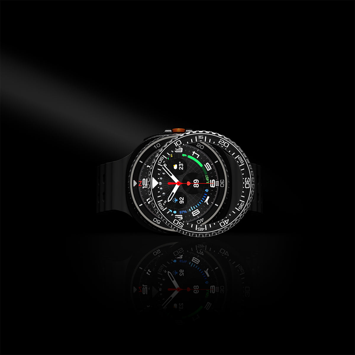 ACS10014 - Galaxy Watch 8 46mm Bezel Tune in black showing product with light.