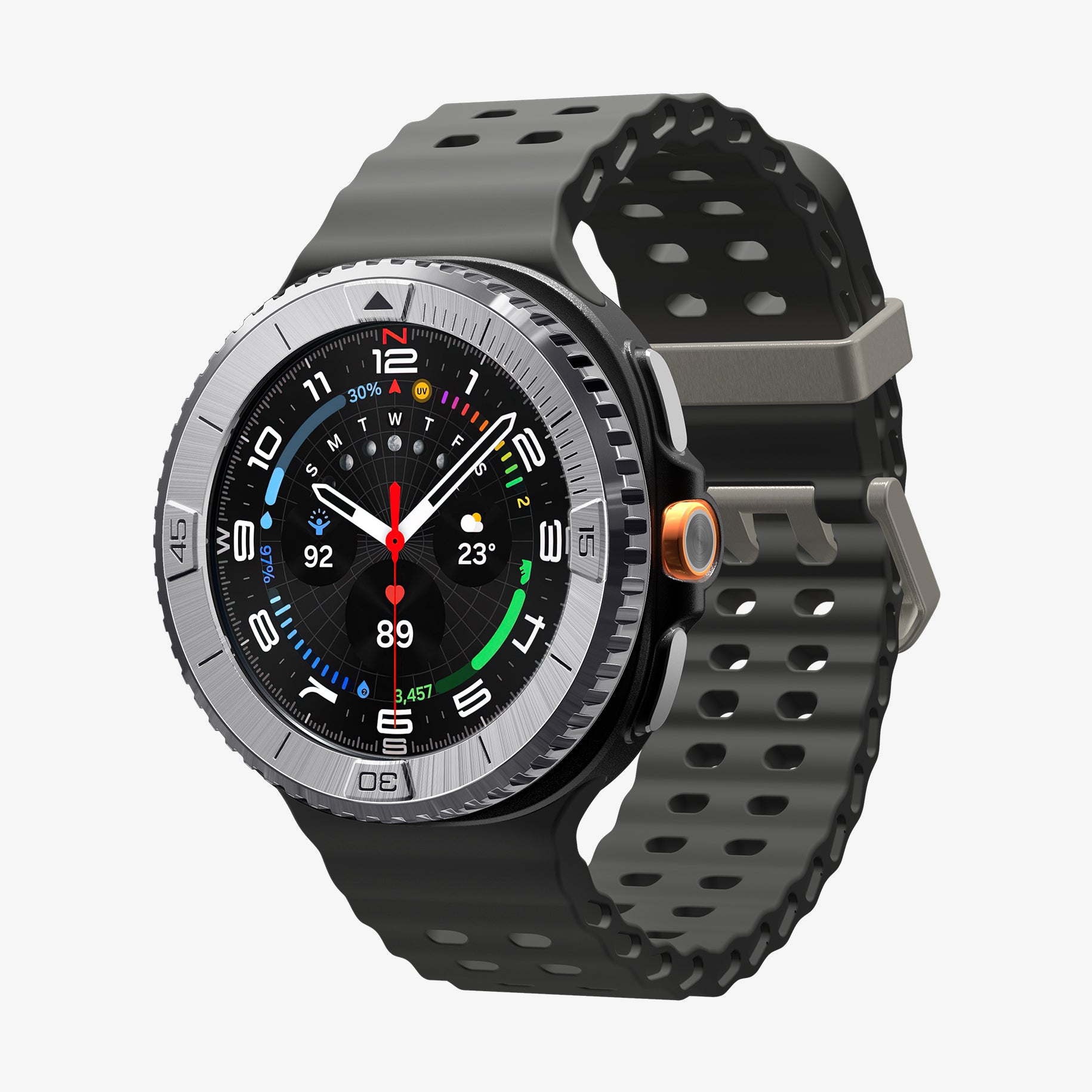 ACS10015 - Galaxy Watch 8 46mm Bezel Tune in sliver showing the front and partial side