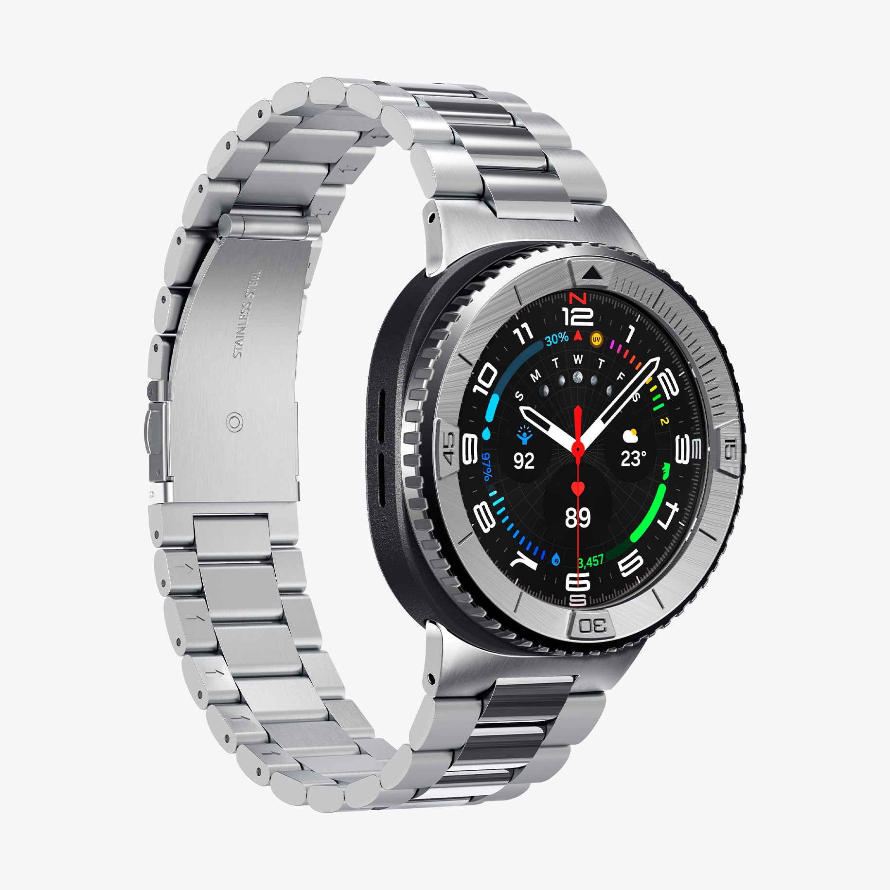 ACS10015 - Galaxy Watch 8 46mm Bezel Tune in sliver showing the front and partial side