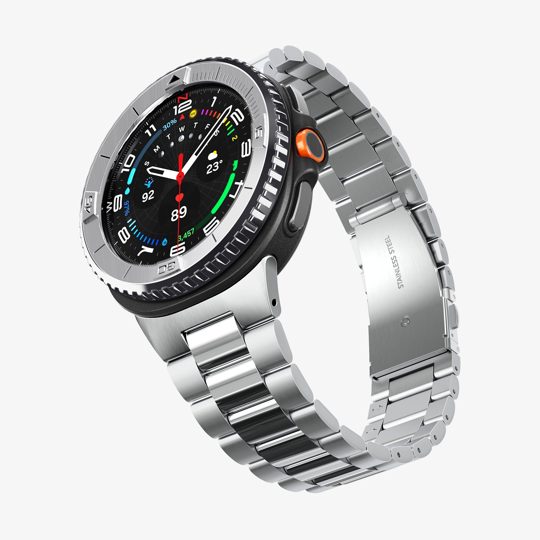 ACS10015 - Galaxy Watch 8 46mm Bezel Tune in sliver showing the front, side and bottom