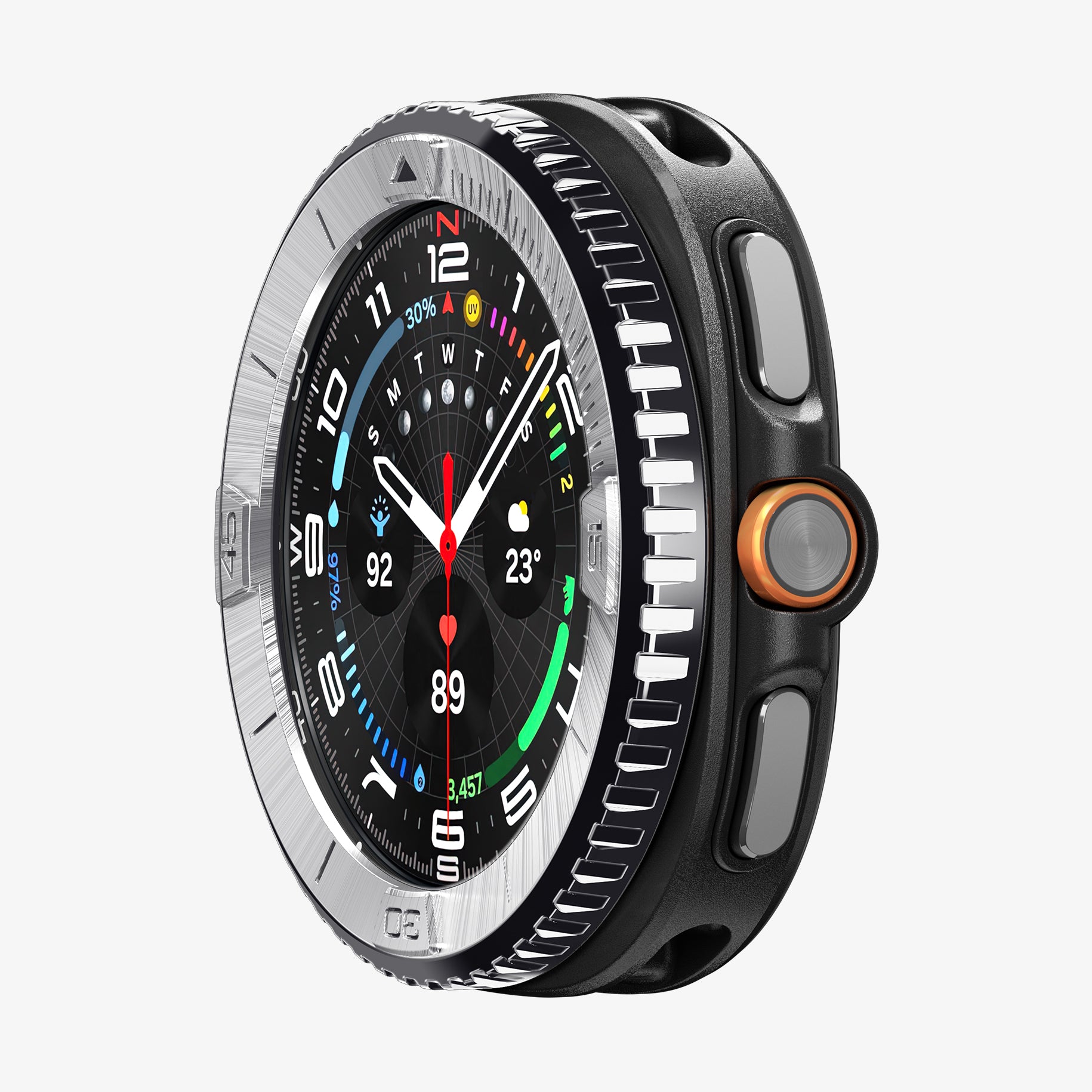 ACS10015 - Galaxy Watch 8 46mm Bezel Tune in sliver showing the front and side of watch face