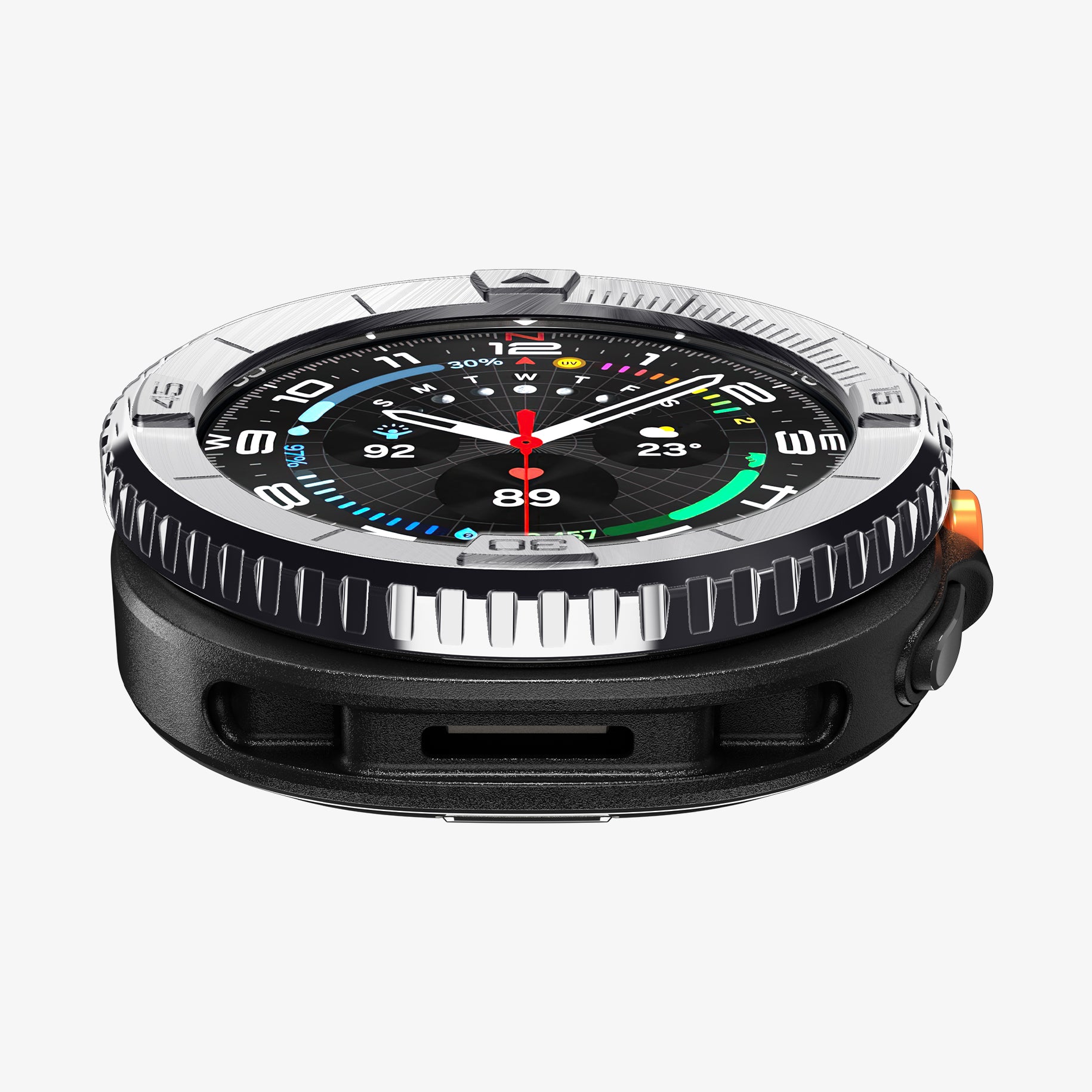 ACS10015 - Galaxy Watch 8 46mm Bezel Tune in sliver showing the front and bottom of watch face
