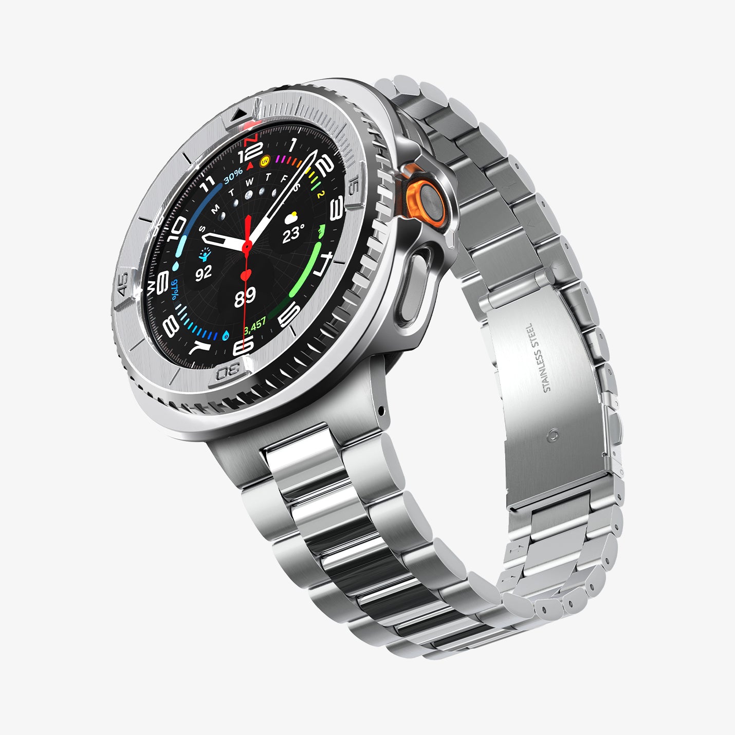 ACS10017 - Galaxy Watch 8 Bezel Tune Pro in sliver showing the front, side and bottom