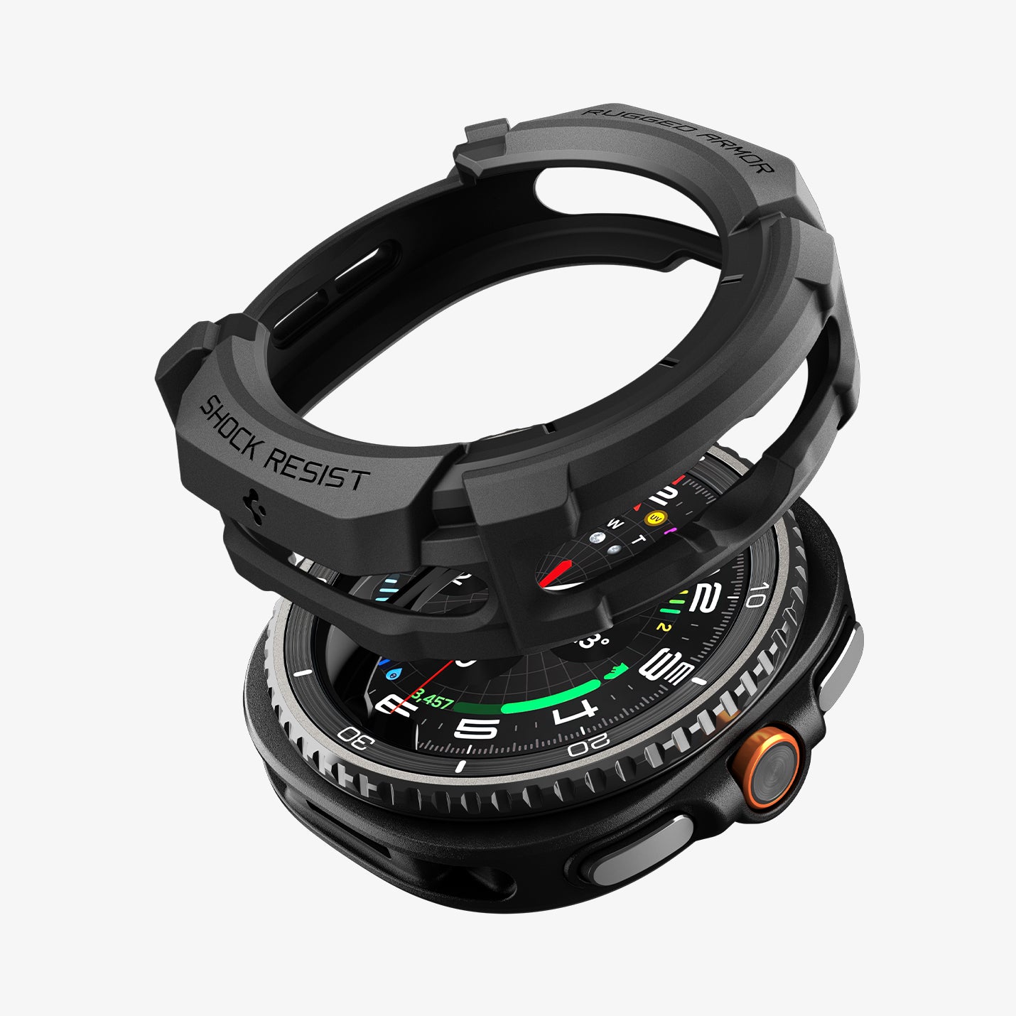 ACS10012 - Galaxy Watch 8 46mm Rugged Armor showing the case detached and hovering from the watch face