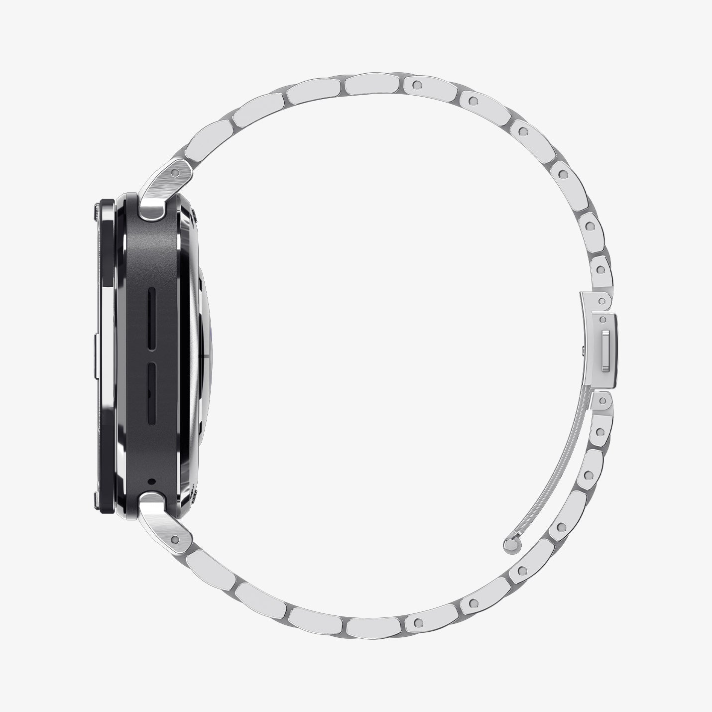 ACS11616 - SWUb Bezel Tune Silver showing the case's side profile with a silver metal link bracelet band