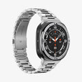 ACS11616 - SWUb Bezel Tune Silver showing the case's front angled view with a stainless steel link bracelet band