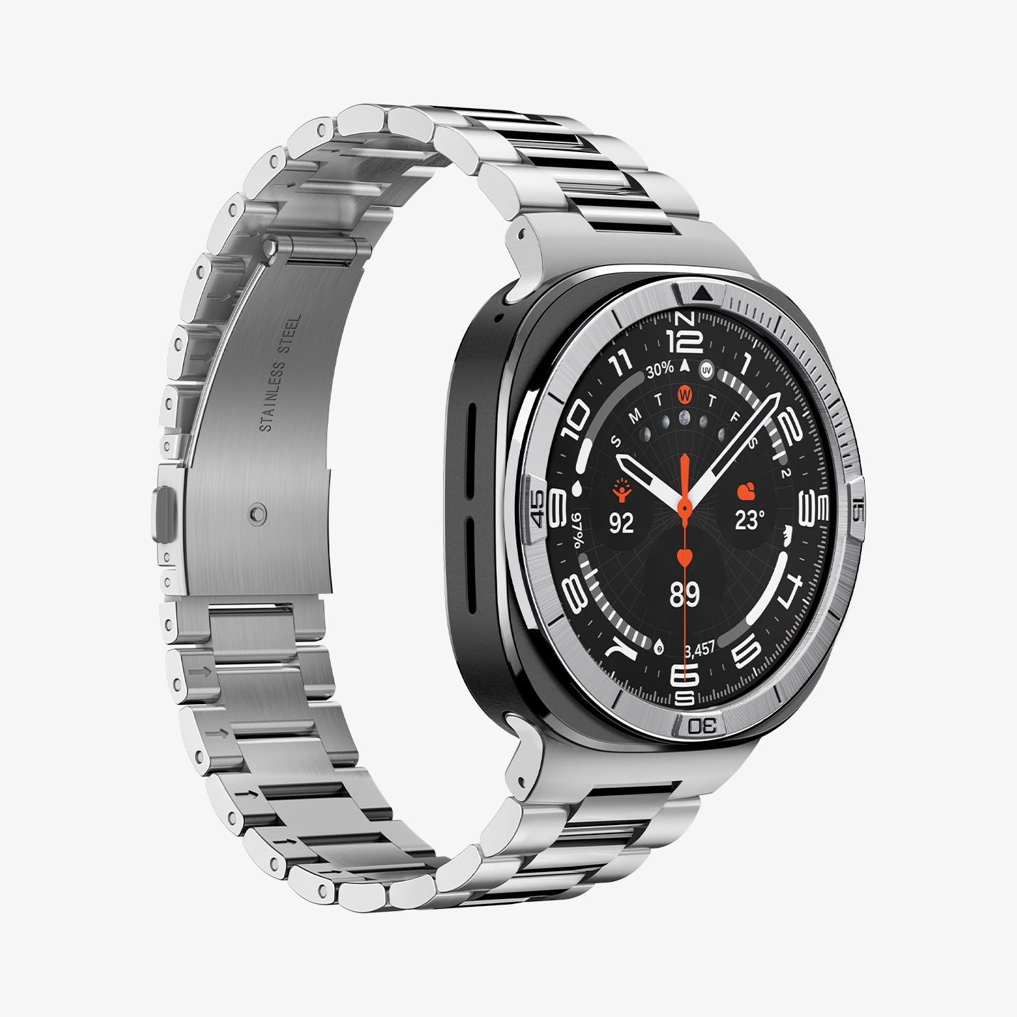 ACS11616 - SWUb Bezel Tune Silver showing the case's front angled view with a stainless steel link bracelet band
