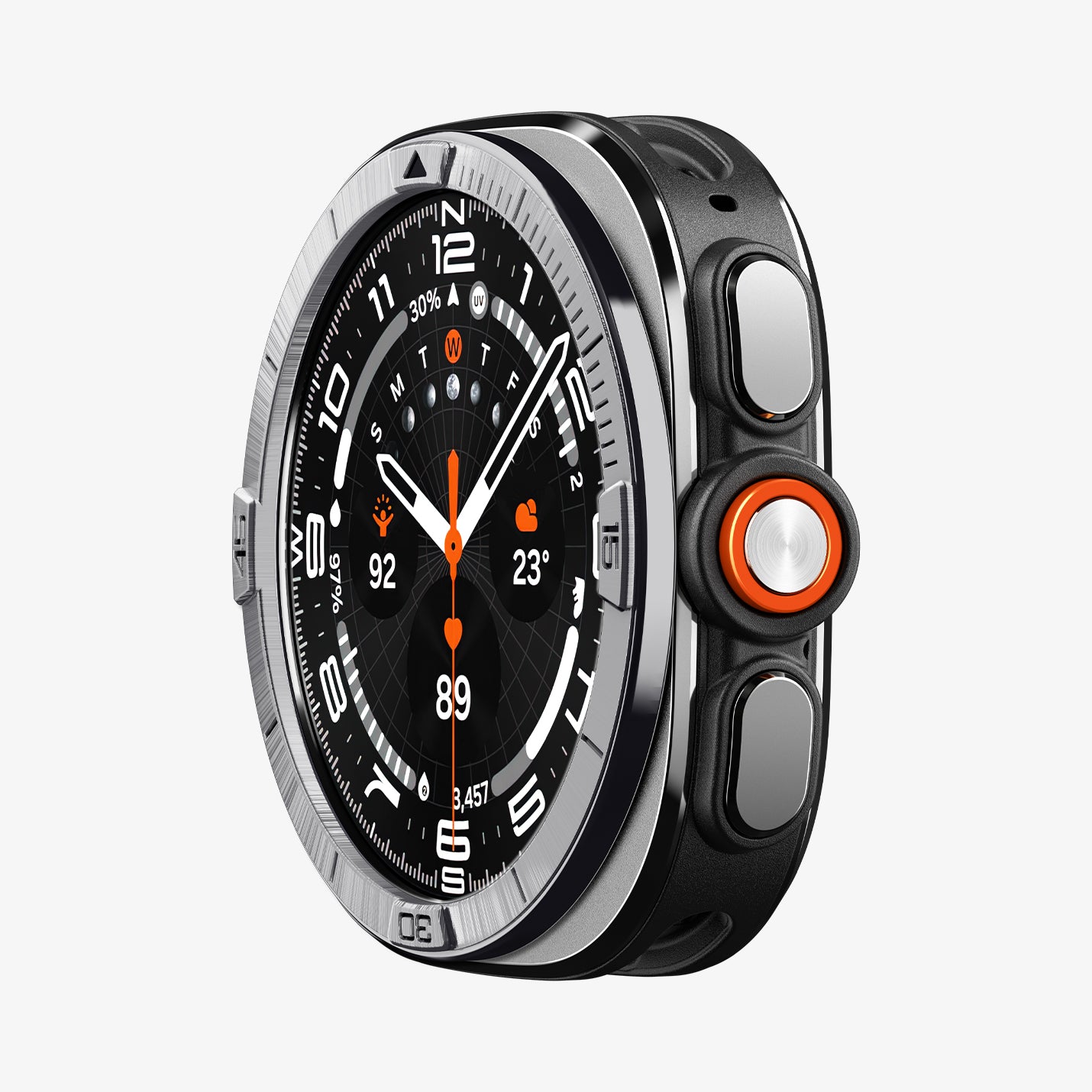 ACS11616 - SWUb Bezel Tune Silver showing the case's front angled view with silicone band and compass watch face
