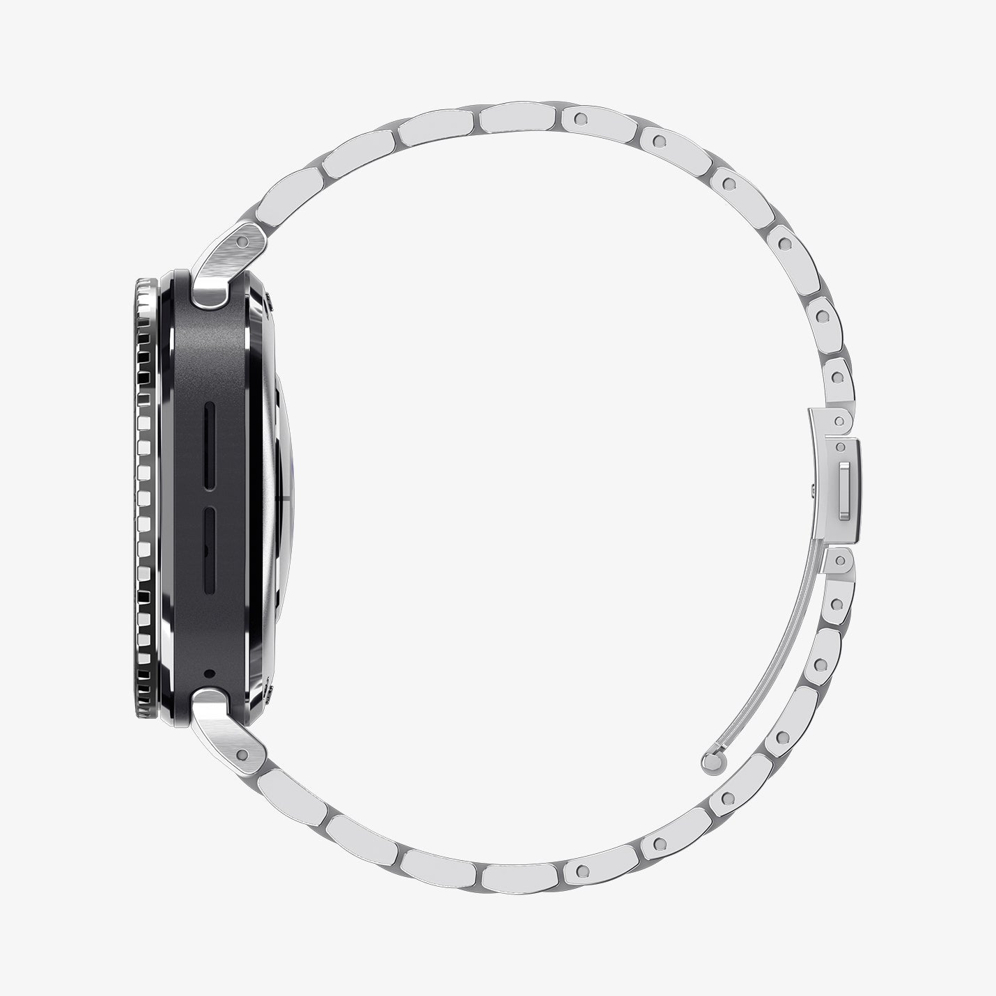 ACS11617 - SWUb Bezel Tune Black showing the case's side profile with a silver metal link bracelet band