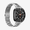 ACS11617 - SWUb Bezel Tune Black showing the case's front angled view with a stainless steel link bracelet band
