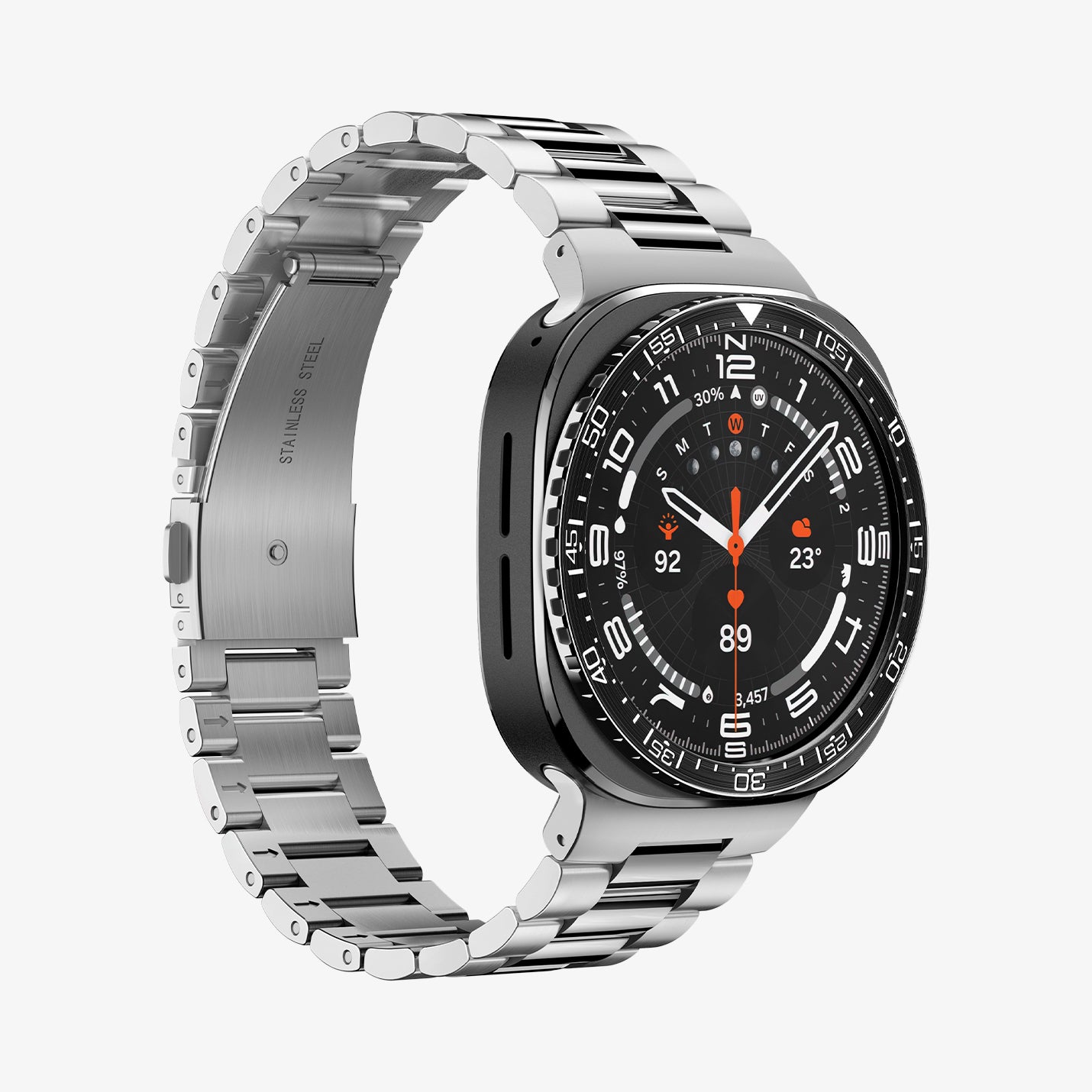 ACS11617 - SWUb Bezel Tune Black showing the case's front angled view with a stainless steel link bracelet band