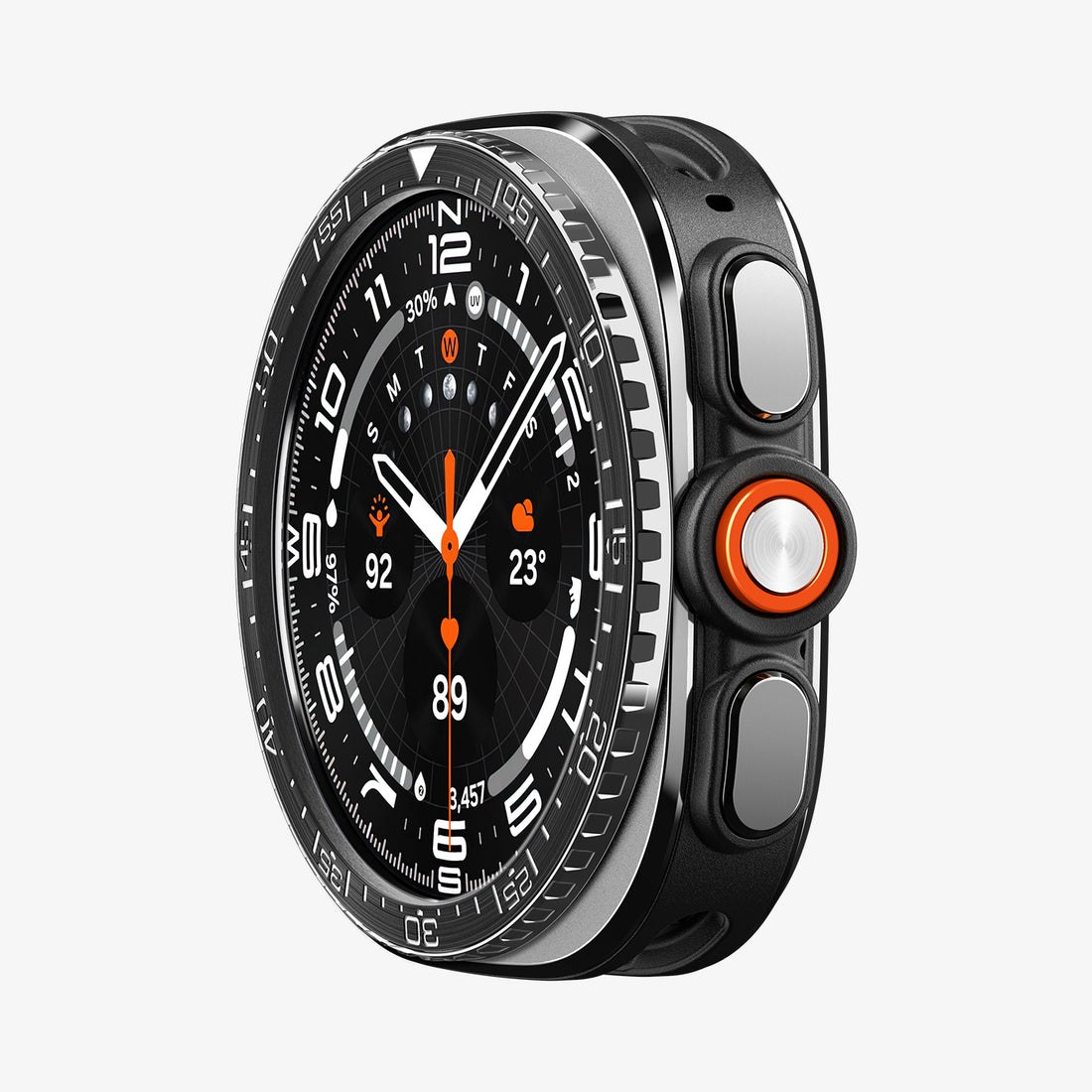 ACS11617 - SWUb Bezel Tune Black showing the case's front angled view with silicone band and compass watch face