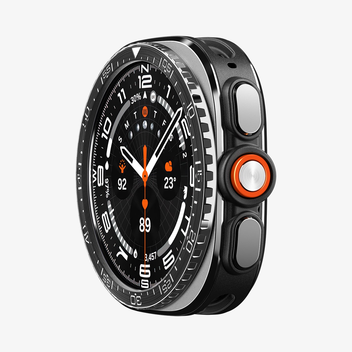 ACS11617 - SWUb Bezel Tune Black showing the case's front angled view with silicone band and compass watch face