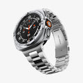 ACS11618 - SWUb Bezel Tune Pro Silver showing the case's front angled view with a silver metal link bracelet band