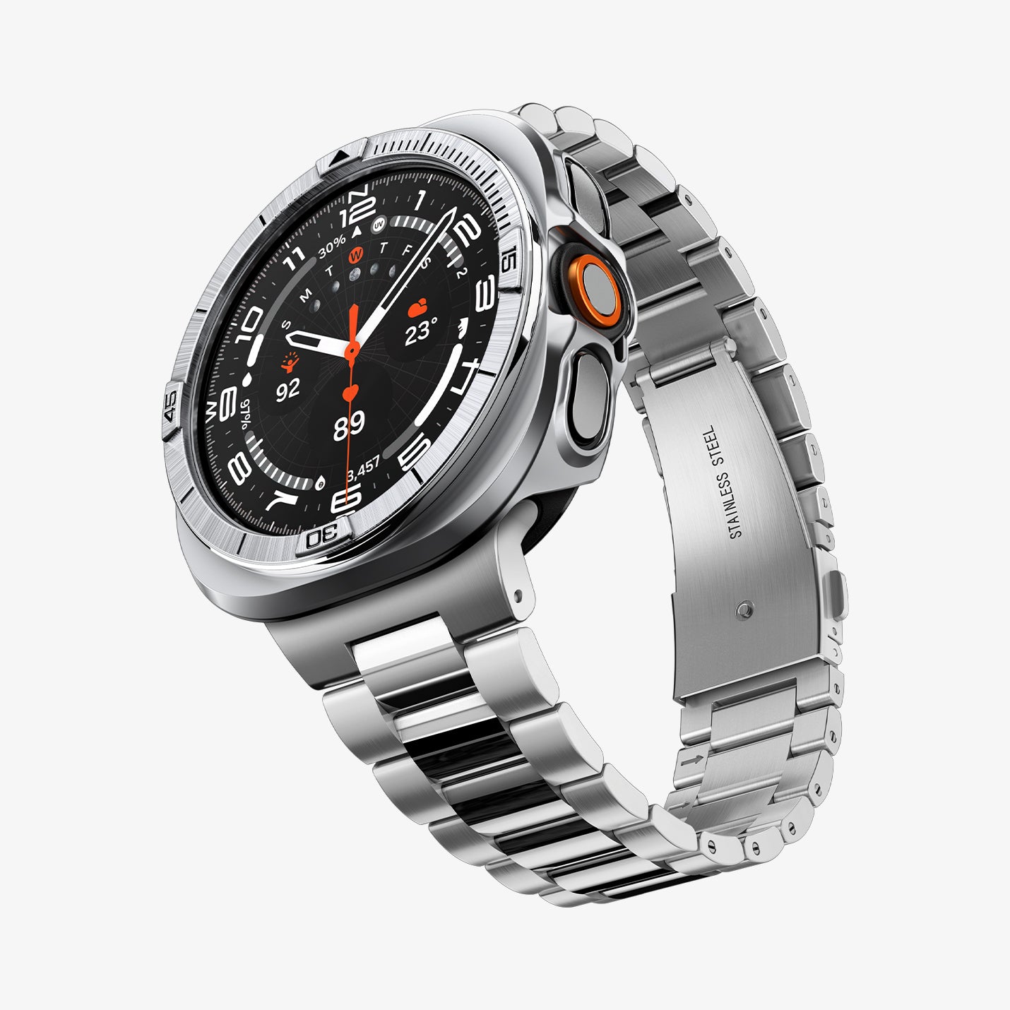 ACS11618 - SWUb Bezel Tune Pro Silver showing the case's front angled view with a silver metal link bracelet band