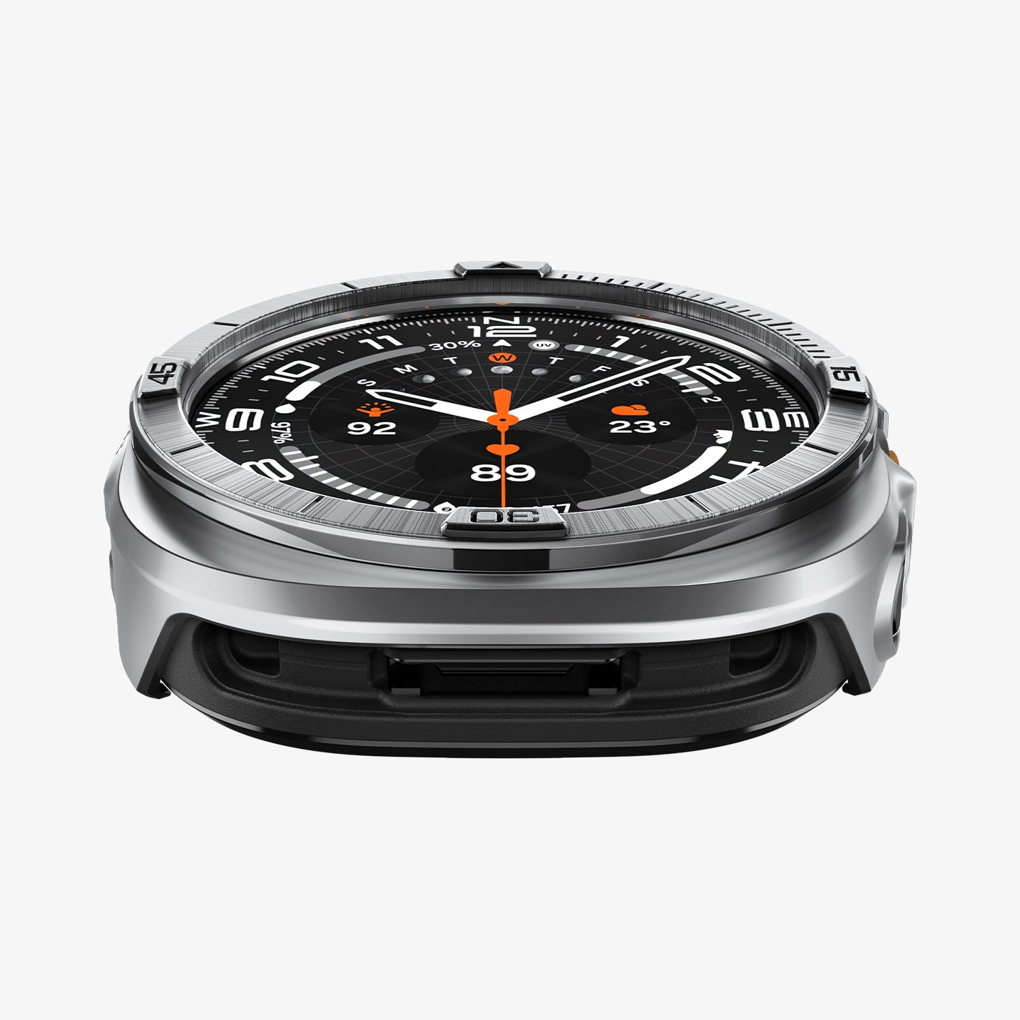 ACS11618 - SWUb Bezel Tune Pro Silver showing the case's top-down side view with bezel ridges and black rubber base