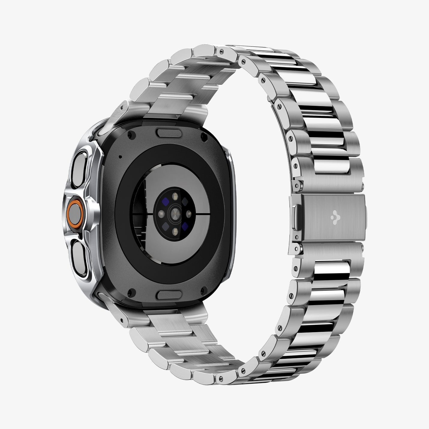 ACS11618 - SWUb Bezel Tune Pro Silver showing the case's rear view with sensor module and silver metal bracelet band