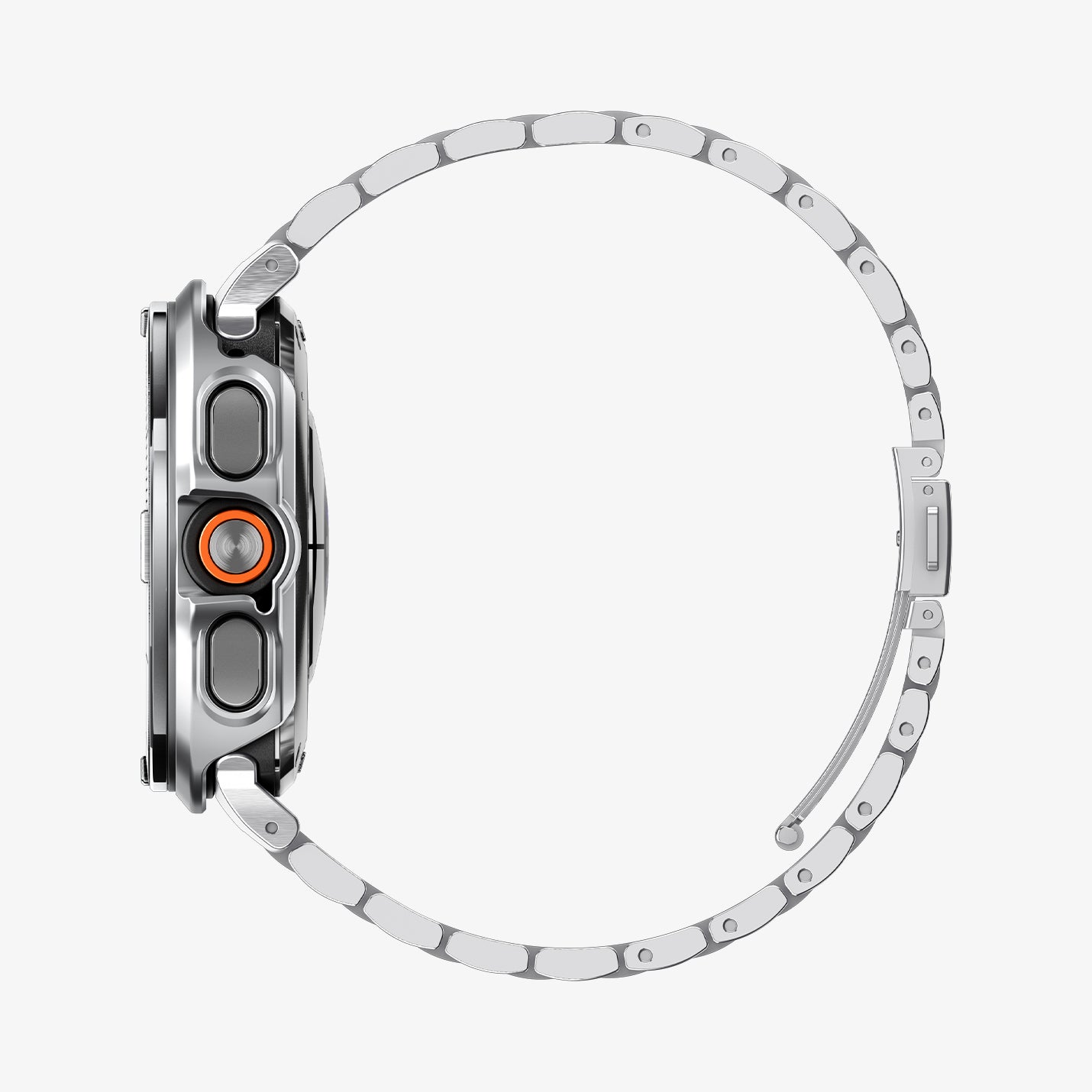 ACS11618 - SWUb Bezel Tune Pro Silver Silver showing the case's side profile with a silver metal link bracelet band