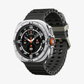 ACS11618 - SWUb Bezel Tune Pro Silver showing the case's front angled view with black silicone band and olive buckle