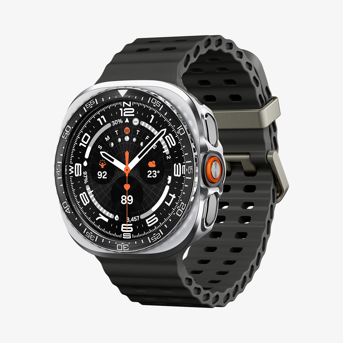 ACS11619 - SWUb Bezel Tune Pro Black showing the case's front angled view with black silicone band and olive buckle