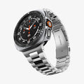 ACS11619 - SWUb Bezel Tune Pro Black showing the case's front angled view with a silver metal link bracelet band