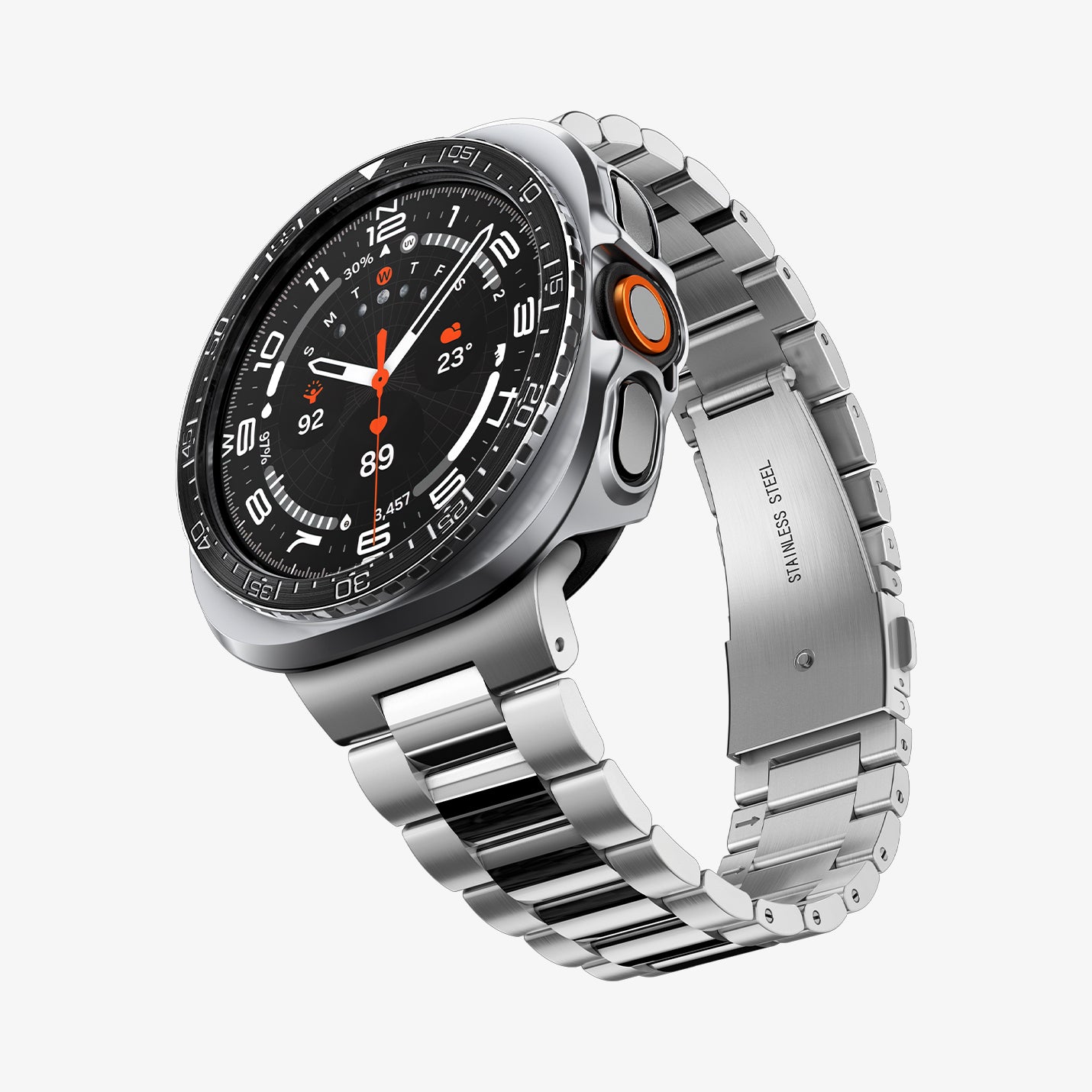 ACS11619 - SWUb Bezel Tune Pro Black showing the case's front angled view with a silver metal link bracelet band
