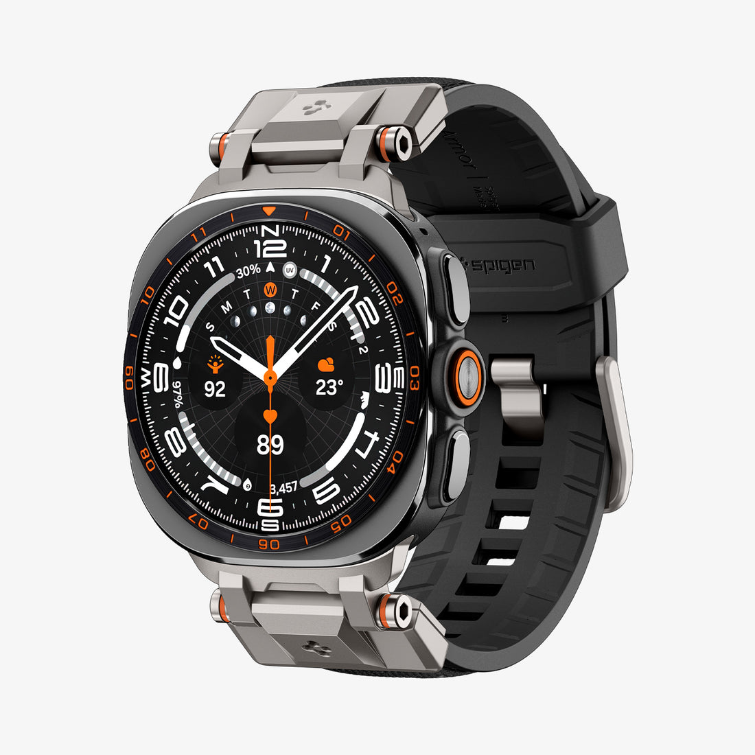 AMP11615 - Galaxy Watch Ultra Series - DuraPro Armor showing an angled view of the Galaxy Watch Ultra with the DuraPro Armor band, highlighting the case buttons and strap texture.
