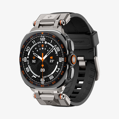 AMP11615 - Galaxy Watch Ultra Series - DuraPro Armor showing an angled view of the Galaxy Watch Ultra with the DuraPro Armor band, highlighting the case buttons and strap texture.