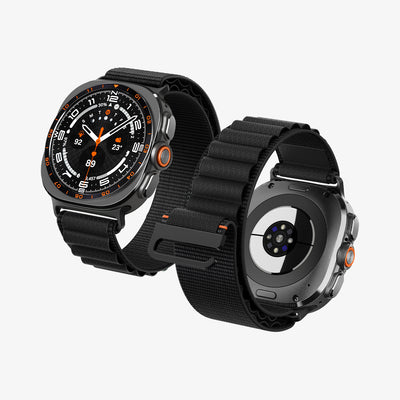 AMP11613 - Galaxy Watch Ultra Series - WBF1 showing two Galaxy Watch Ultras with the WBF1 band, front and back views highlighting the woven texture and sensor module.