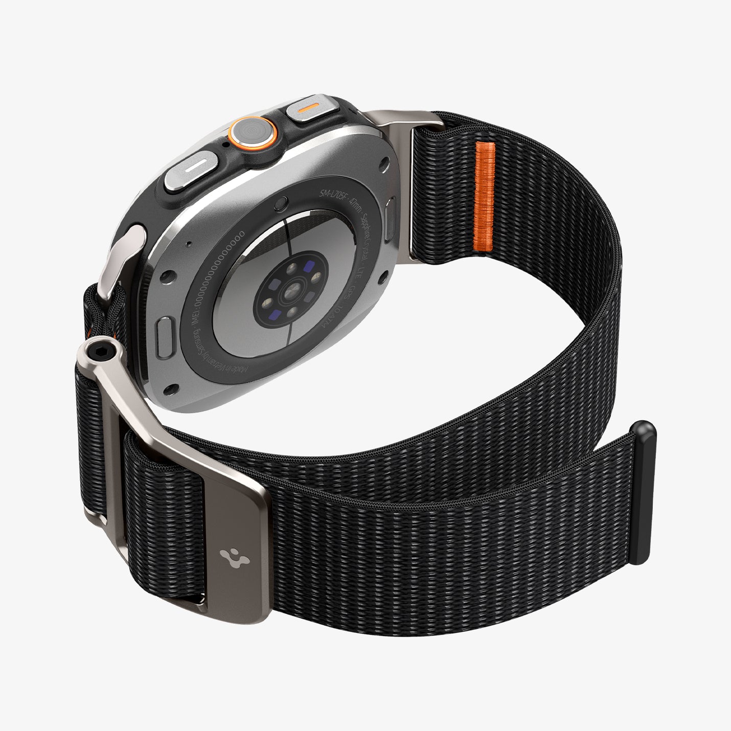 AMP08773 - Galaxy Watch Ultra DuraPro Flex in Black showing the partial side and back, inner side and bottom zoomed in