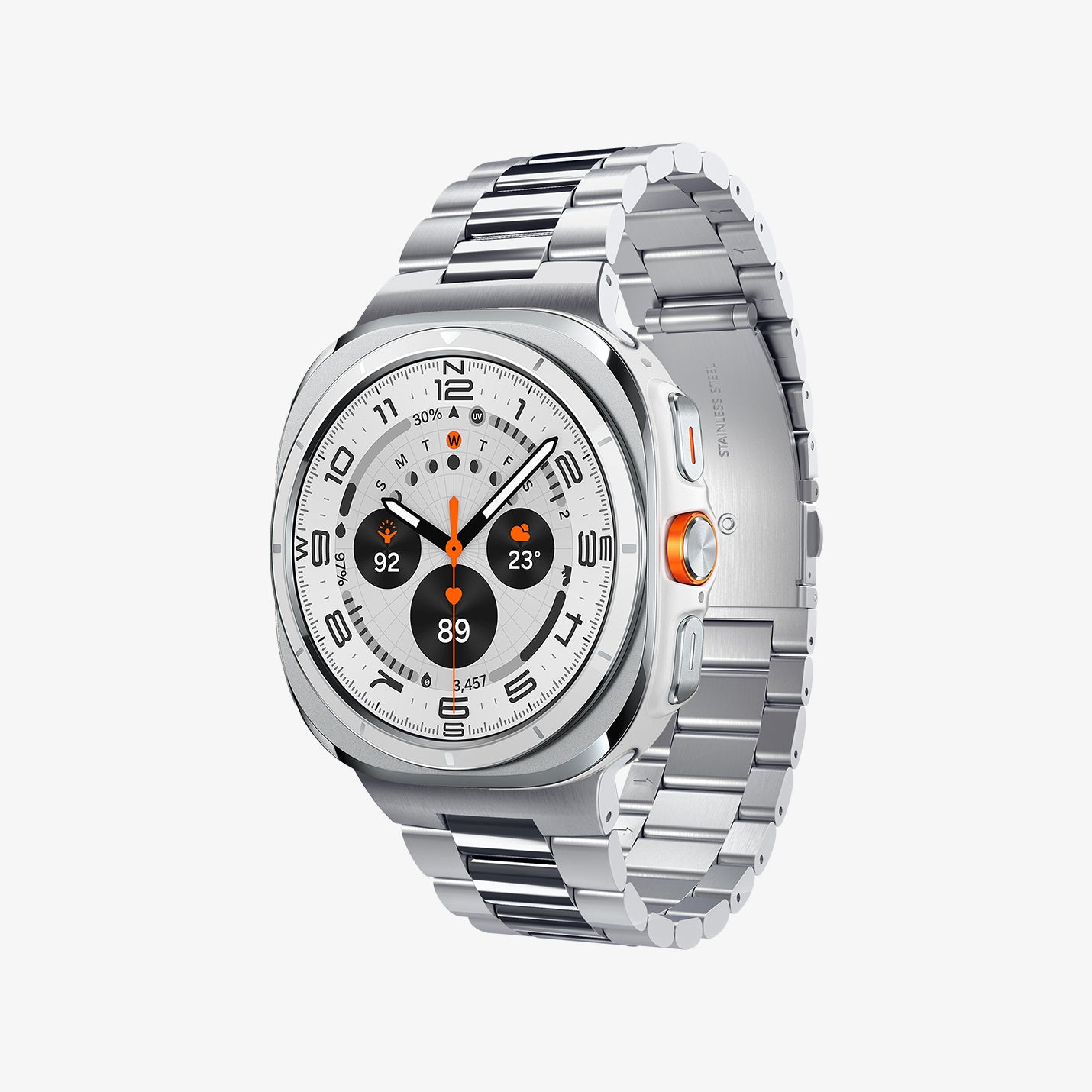 AMP08823 - Watch Ultra (47mm) Modern Fit 316L Band in Silver showing the front, side and inner side of the watch strap