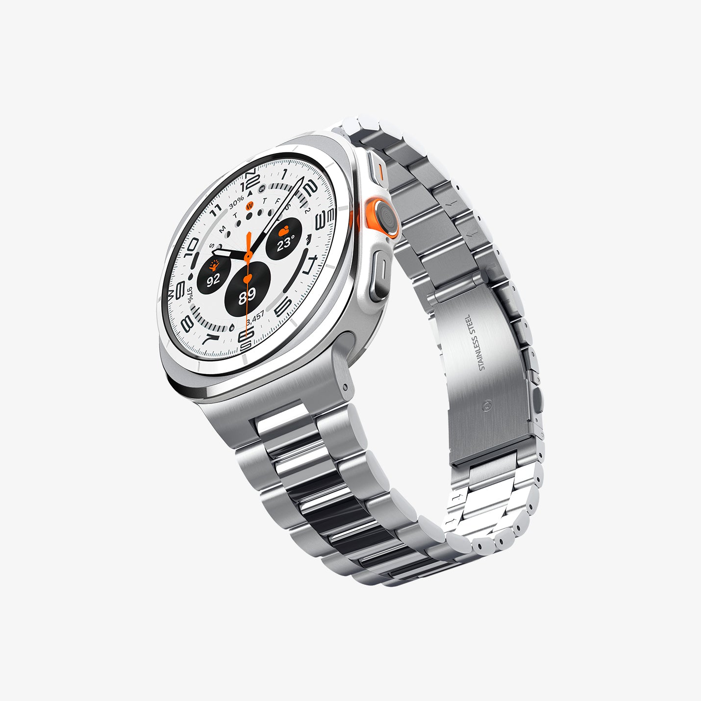 AMP08823 - Watch Ultra (47mm) Modern Fit 316L Band in Silver showing the front, side and inner side of the watch strap