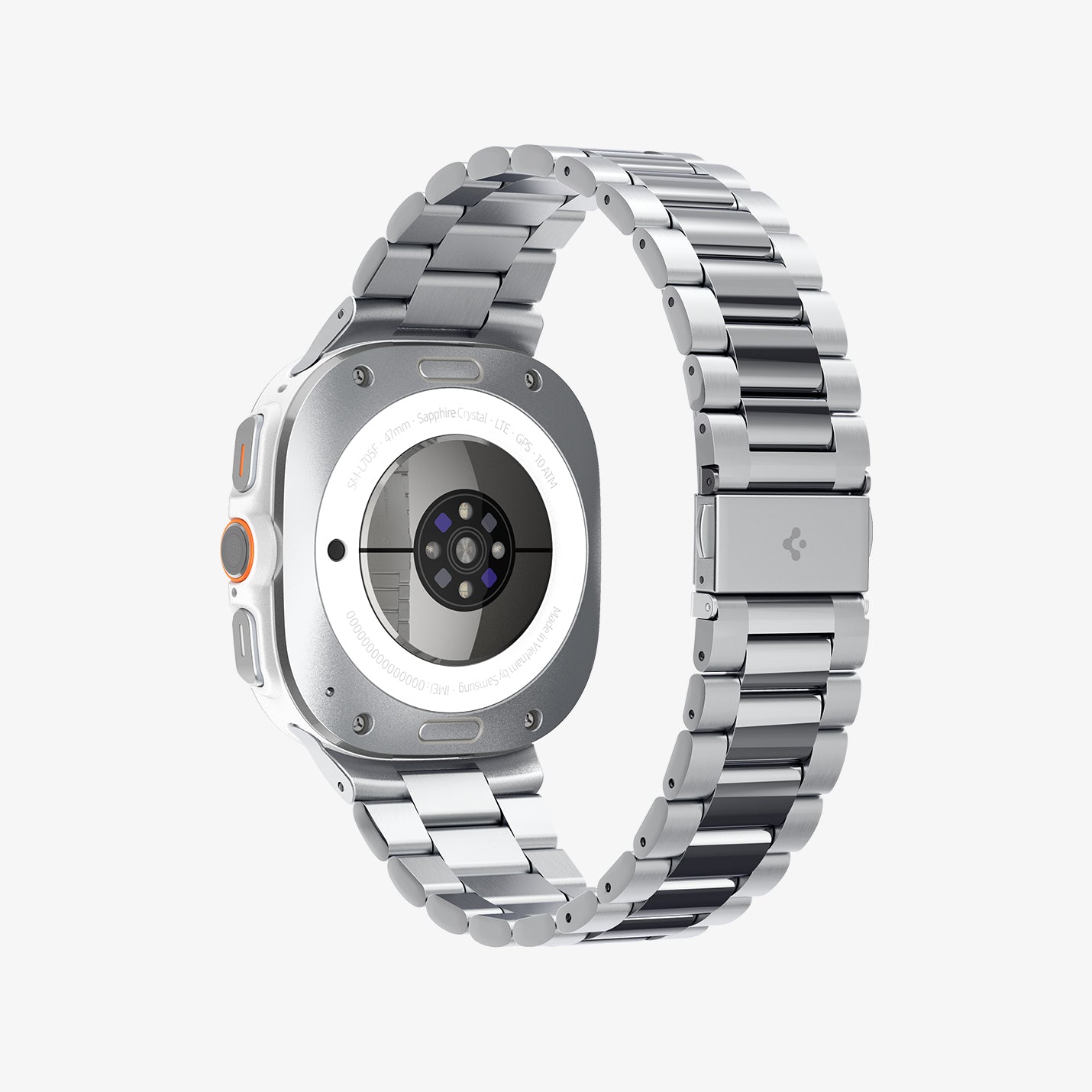 AMP08823 - Watch Ultra (47mm) Modern Fit 316L Band in Silver showing the back, partial inner side of the strap and bottom