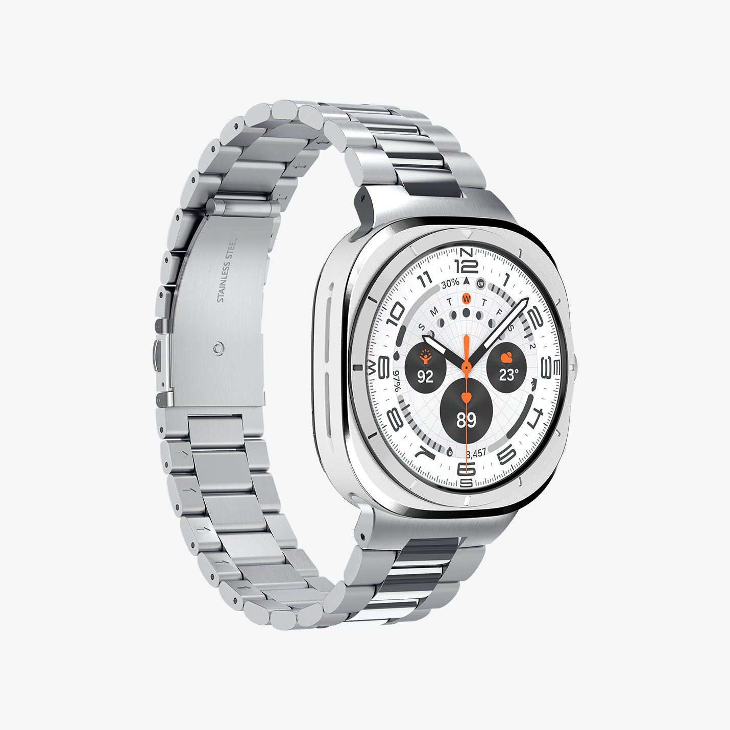 AMP08823 - Watch Ultra (47mm) Modern Fit 316L Band in Silver showing the front, partial side and inner side of the watch strap