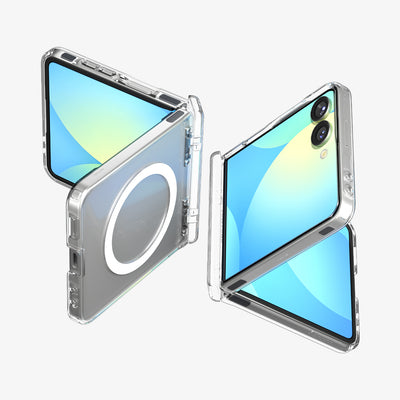ACS09559 - Galaxy Z Flip 7 Case Ultra Hybrid Pro (MagFit) in clear white showing the front, back and sides of two devices