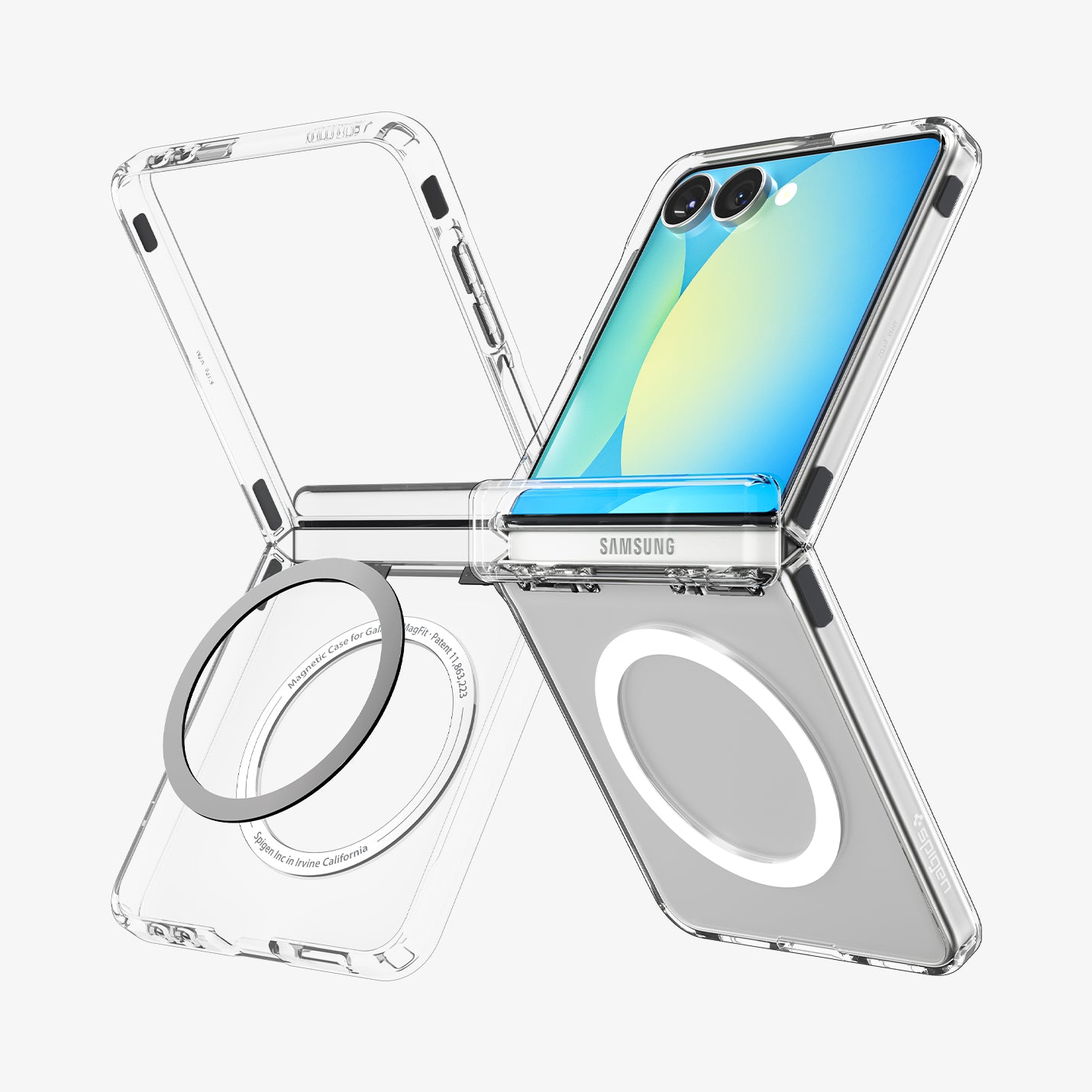 ACS09559 - Galaxy Z Flip 7 Case Ultra Hybrid Pro (MagFit) in clear white showing the front, back and sides of two devices