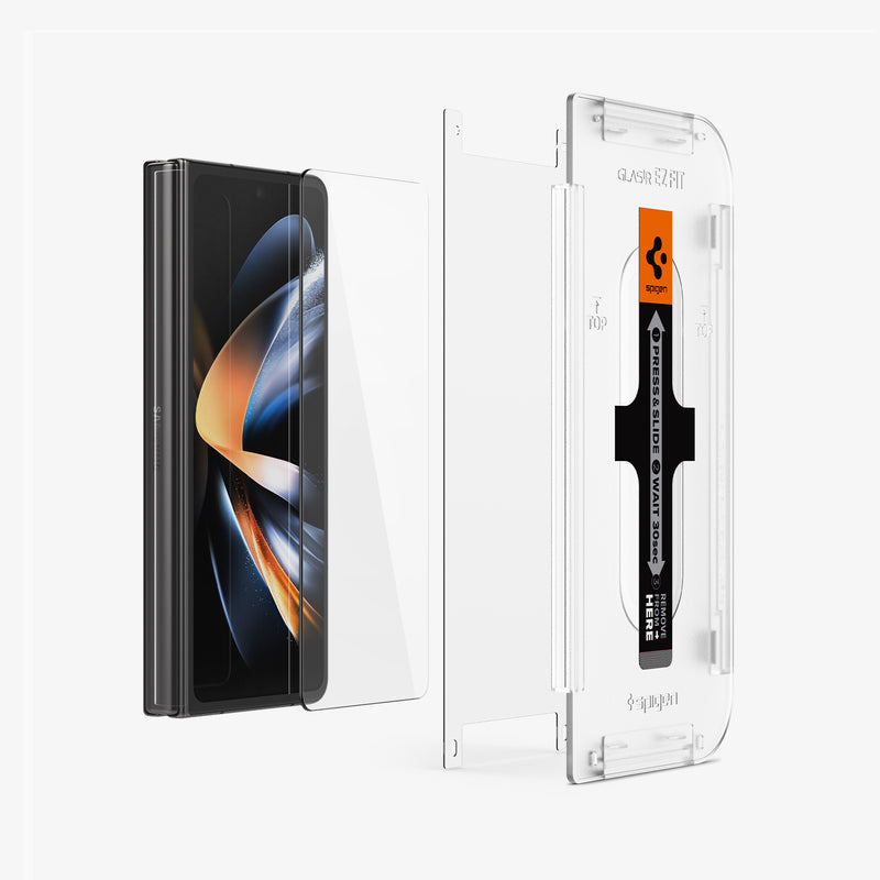 AGL05543 - Galaxy Z Fold 4 Series GLAS.tR EZ Fit showing the installation tray parallel with the protective film, glass screen protector and device