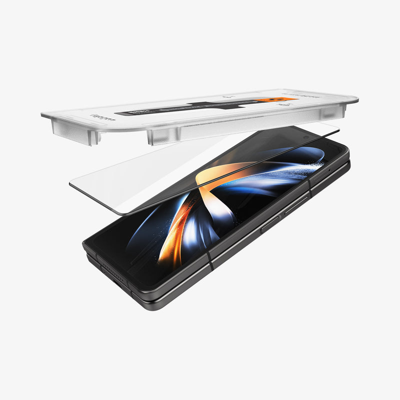 AGL05543 - Galaxy Z Fold 4 Series GLAS.tR EZ Fit showing the installation tray hovering above the glass screen protector and the device
