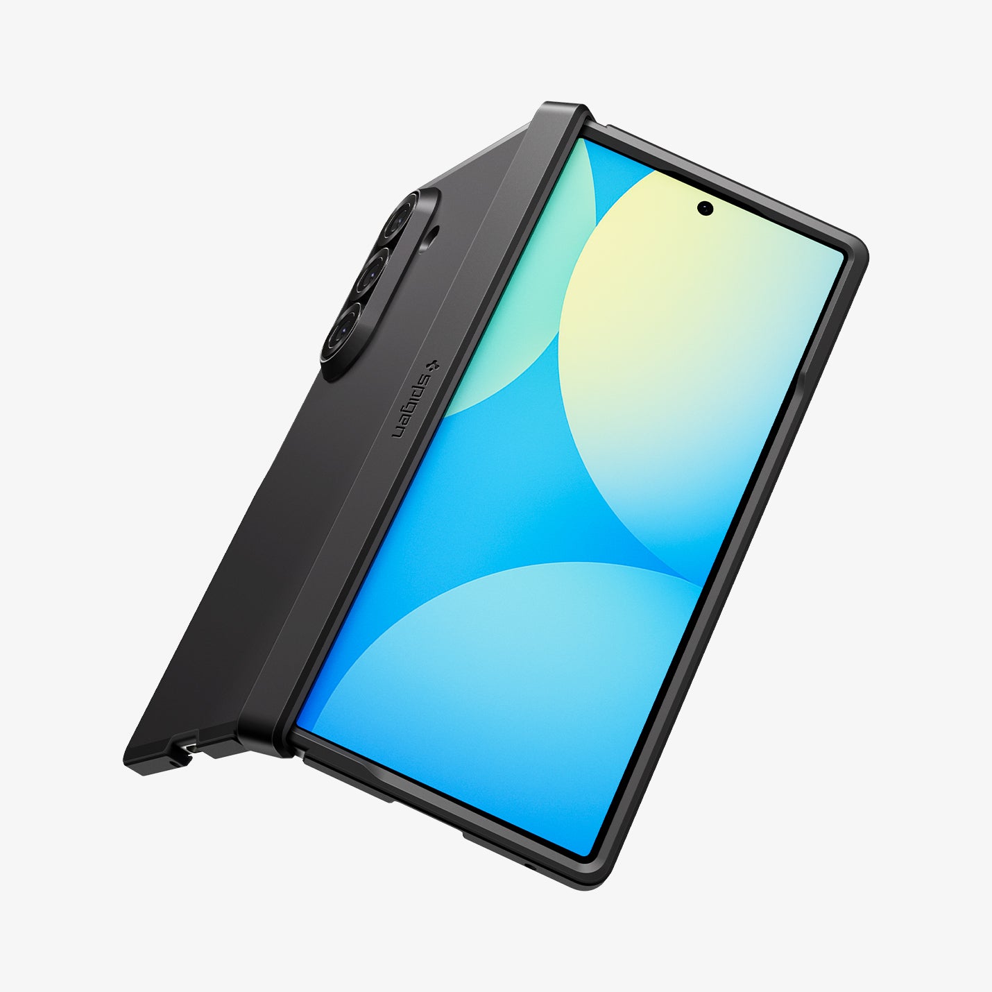 ACS09549 - Galaxy Z Fold 7 Tough Armor Pro (MagFit) in black showing the front, partial side and back, partially folded