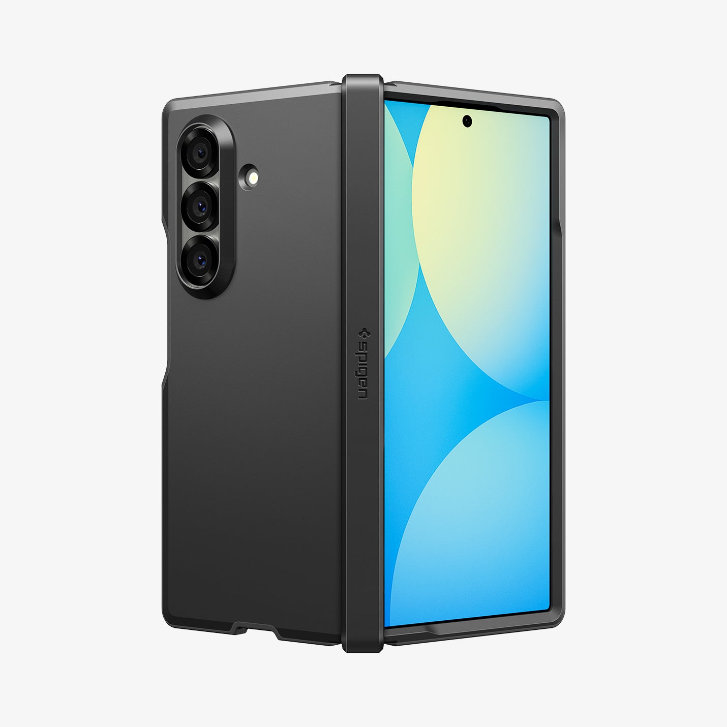 ACS09549 - Galaxy Z Fold 7 Tough Armor Pro (MagFit) in black showing the back, hinge and front, partially folded