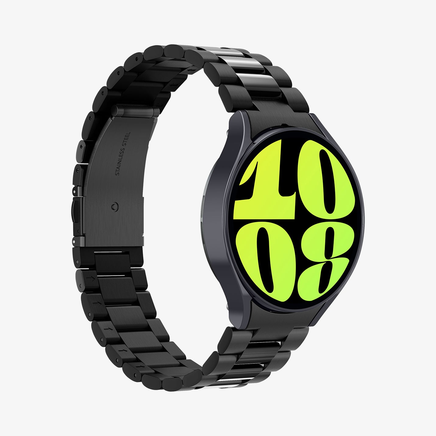 AMP06499 - Watch 6 (44mm) Modern Fit 316L Band in Black showing the front, partial side and inner side of the watch strap