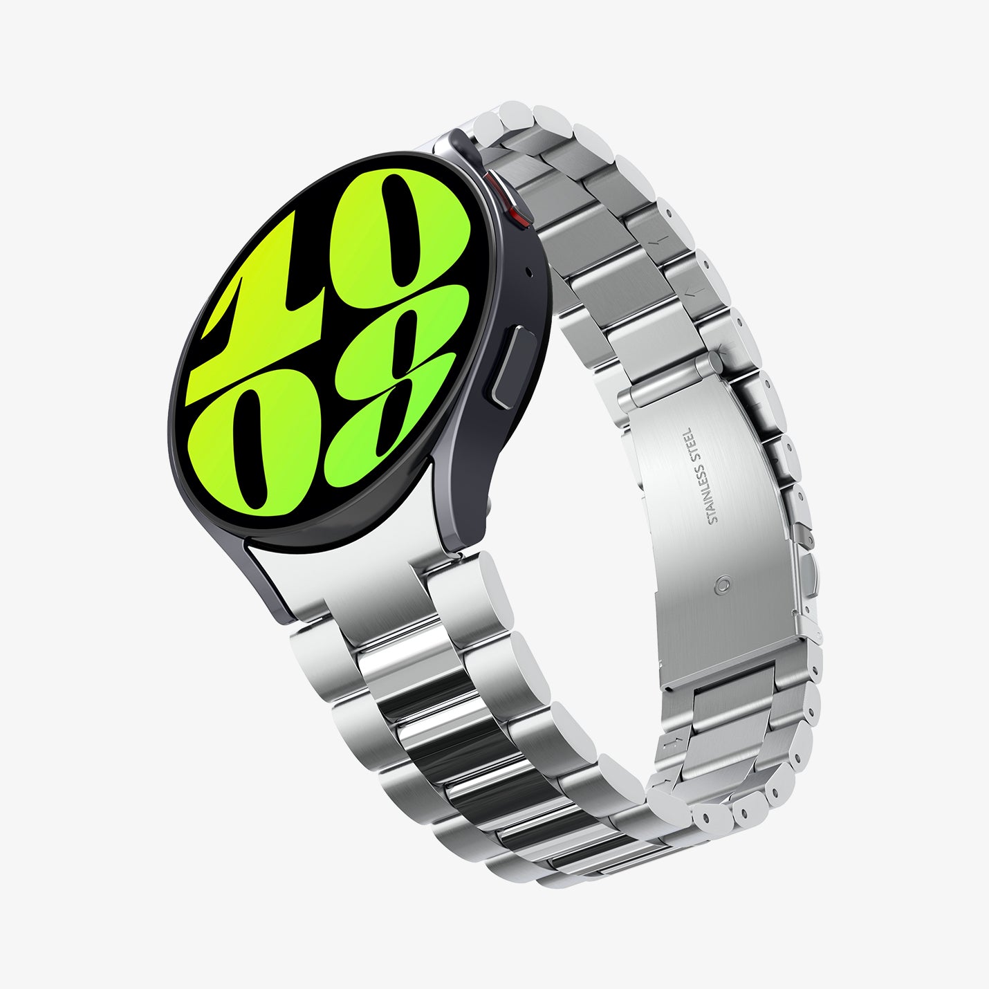 AMP06498 - Watch 6 (44mm) Modern Fit 316L Band in Silver showing the front, side and inner side of the watch strap